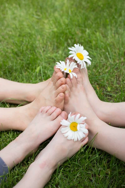 Pairs Bare Children Feet Grass Chamomile Flowers Toes Cheerful Positive — Stock Photo, Image