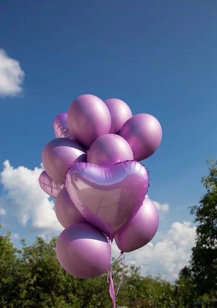 bunch of one-color purple-pink helium balloons against the sky. The concept of joy, freedom, positivity and congratulations. festive mood, surprise, preparation for a party