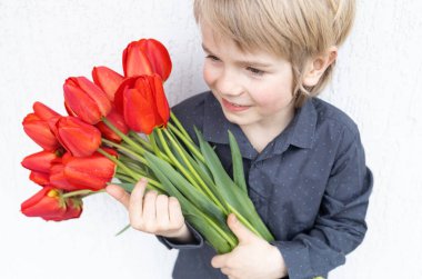 Açık arkaplanda büyük bir buket kırmızı lale ve 6 yaşındaki bir çocuğun güzel yüzü. Anneler Günü, Sevgililer Günü. Sevgiyle çiçek hediyesi. Genç beyefendi. seçici odak.