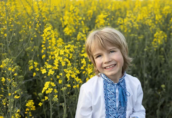 Портрет Счастливого Мальчика Национальной Вышитой Рубашке Вышиванка Среди Цветущего Рапсового — стоковое фото