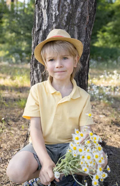 Mignon Enfant Garçon Ans Tenant Bouquet Marguerites Dans Forêt Appuyé — Photo