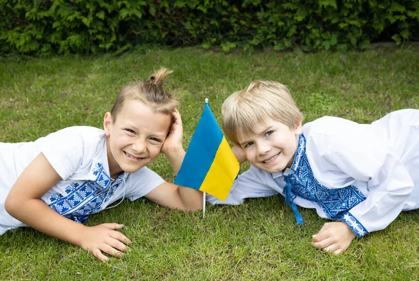 明るい幸せなウクライナの男の子の肖像6 7歳の青黄色の旗と刺繍のシャツに身を包んだ草の上に横たわる ウクライナの平和 ウクライナの独立記念日 戦争に反対する子供 — ストック写真