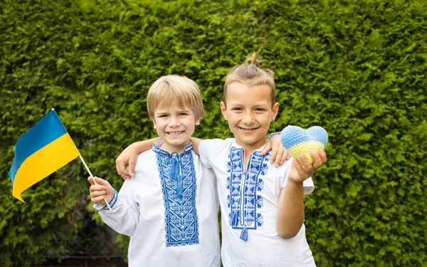 Портрет Щасливих Хлопчиків Віці Років Одягнених Вишиті Сорочки Синьо Жовтим — стокове фото