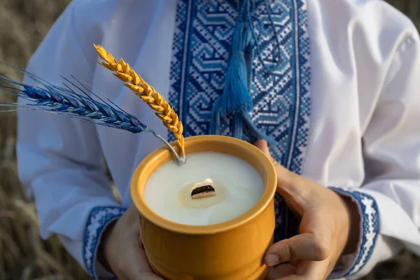 Ukrayna gömleği ve Ukrayna bayrağının sarı-mavi renklerine boyanmış iki dikenli çocuk elinde mum. Spikeletler ve ateş Holodomor 'un anısına. Ukrayna 'daki askeri yangın, savaşı durdurun.