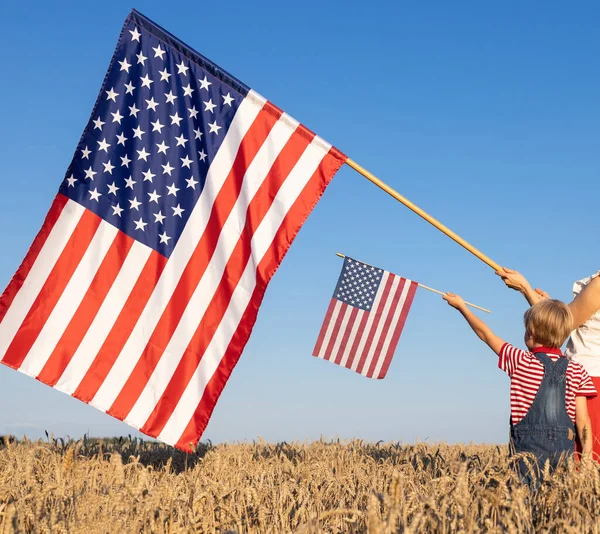 Due Bandiere Americane Una Grande Una Piccola Campo Grano Illuminato — Foto Stock