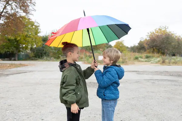 stock image two children, boys 7 years old, stand together under a large rainbow umbrella. autumn atmosphere. symbol of the rainy season, wet autumn weather. Friendship, mutual support