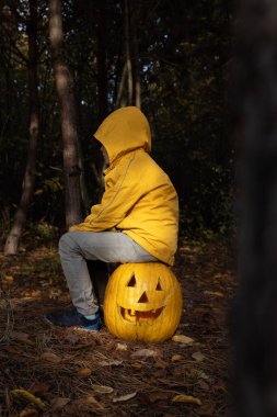 Turuncu ceketli ve kapüşonlu çocuk büyük bir balkabağının üzerine oturmuş. Akşam ormanı, ışık şeridiyle vurgulanmış çocuk. Cadılar Bayramı. Korkutma ve eğlenme havası. Şaka mı şeker mi?