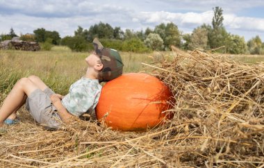 On a sunny day, large pumpkin lies on dry grass, boy leans dreamily on it, relaxing in nature. child helps to collect vegetables on farm in autumn, seasonal harvest. Choosing pumpkin for Halloween.