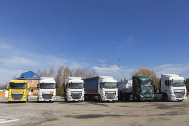 Güneşli bir günde otoparkta 6 farklı kamyon park etmiş. Traktör taksilerinin görüntüsü. Ticari araçlar, ticari taşımacılık için araçların reklamları. Kargo taşımacılığının reklamı