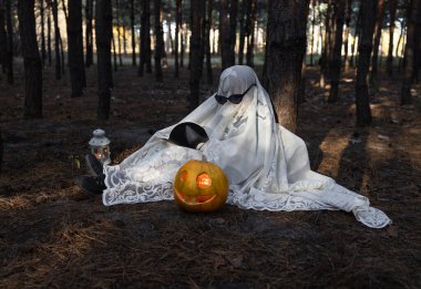 Beyaz battaniye ve siyah gözlüklü çocuk gün batımında ormanda oturur ve kitap okur. Çocukların yaratıcılığı, okuma aşığı. Korkunç tatilin olumlu anları. Cadılar Bayramı 'nda iyi eğlenceler, hayaletler okulu..