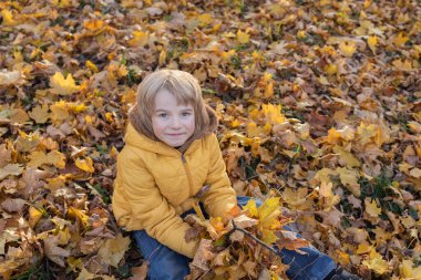Parktaki sonbahar atmosferi. Sonbaharı ve yürüyüşleri severim. Sekiz yaşında tatlı bir çocuk düşen yaprakların arasında oturur. Mevsimlik sevinçler.