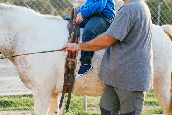 Close-up view of a man leading a horse with a child with disabilities during an equine therapy session.