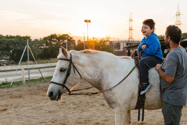 Child Disabilities Having Fun While Enjoying Horseback Ride Equine Therapy Stock Kép