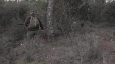 Avcı köpekleriyle ormanın ortasında yürürken av tüfeği tutuyor. Avlanma kavramı.