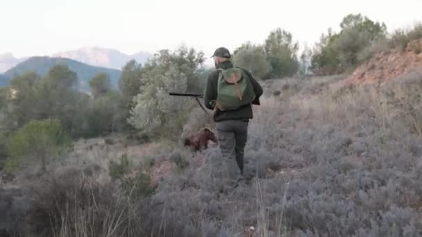 獲物を求めて犬と歩いている間に散弾銃を持ったハンター 狩猟シーズンのコンセプト — ストック動画