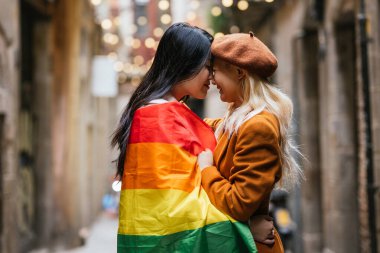 Birbirine aşık Asyalı lezbiyen çift dışarıda yan yana dururken ellerinde Igbt gökkuşağı bayrağı tutuyorlar. LGBT kavramı.