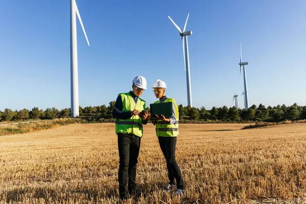 Engineers in hard hats use laptop and mobile phone at electric windmill farm, configuring software while producing renewable energy.