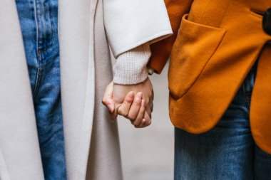 Dışarıda el ele tutuşan lezbiyen bir çiftin yakın görüntüsü. LGBT kavramı.