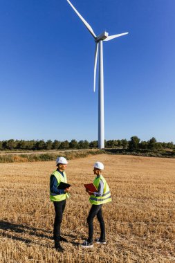 Yenilenebilir enerji mühendisleri arka planda rüzgar türbinleriyle birlikte sahada bir araya geldiler..