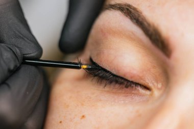 Uzman bir teknik ve geliştirme için ince uçlu fırça kullanan profesyonel makyaj sanatçısı tarafından hassas göz kalemi uygulaması, yüz bakımı ve güzelliğin hassas ayrıntılarını gözler önüne seriyor