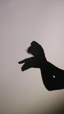 Yaratıcı gölge kukla performansı elleri kullanarak boş bir arka planda hayvan ve şekilleri tasvir ederek geleneksel hikaye anlatma ve gölge oynama tekniklerini sergiliyor.
