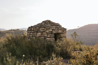 Arka planda sisli dağlar olan bir yamaçta eski bir taş kulübe doğa tarafından ele geçiriliyor.