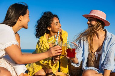 Bir grup çok ırklı bayan arkadaş sahilde kokteyllerle gülüp kadeh kaldırıyor, güneşin tadını çıkarıyor ve yazı birlikte kutluyorlar.
