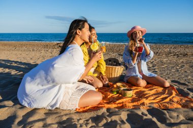 Üç çok ırklı bayan arkadaş plaj pikniğinin tadını çıkarıyorlar. İçkileri tazeliyorlar, arkadaşlığı ve yaz havasını kutluyorlar.