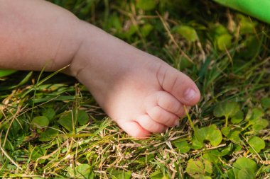 Bebek ayağı banyodan sonra ilk kez yeşil çimenlere dokunuyor, temiz havanın ve güneş ışığının tadını çıkarıyor.