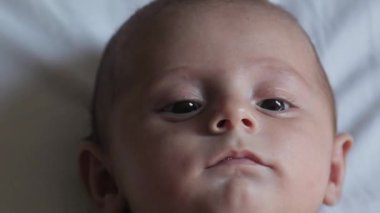 Tatlı dört aylık bebek, rahat beyaz bir arka planda yatarak etrafındaki dünyayı keşfediyor.