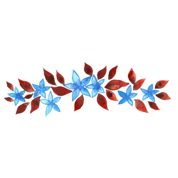 Blaue Blume Mit Rotbraunen Blättern Rand Aquarell Für Die Dekoration — Stockfoto