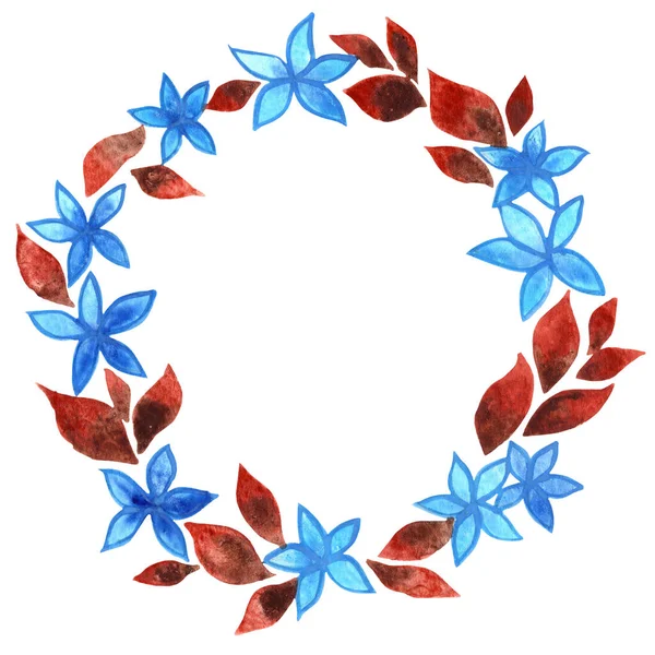 Blaue Blume Mit Rotbraunem Laubkranz Aquarell Zur Dekoration Auf Hochzeit — Stockfoto