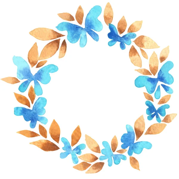 蓝色蝴蝶 有褐色的叶子 花环水彩画 在结婚和秋天装饰 — 图库照片