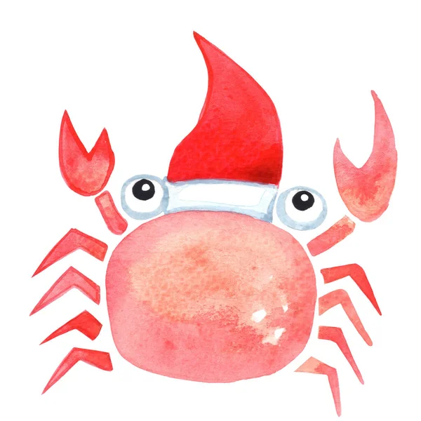 Krabba Med Santa Hatt Tecknad Karaktär Akvarell För Dekoration Jul — Stockfoto