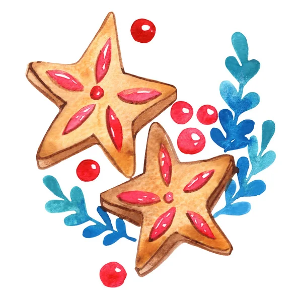 Jordgubbssylt Cookies Stjärna Med Bär Och Ormbunkar Blad Akvarell Illustration — Stockfoto