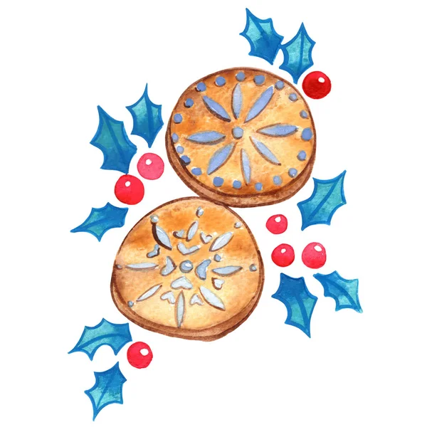 Sněhová Vločka Královská Poleva Sušenky Listy Cesmíny Bobule Akvarel Ilustrace — Stock fotografie