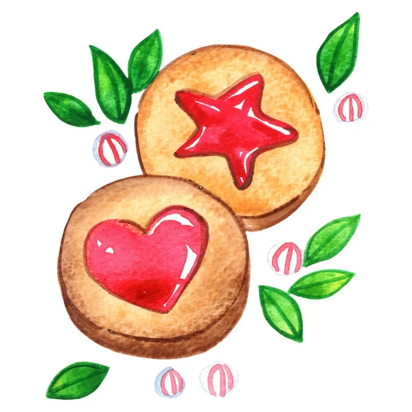 Eper Lekvár Cookie Cukorka Labda Zöld Levelek Akvarell Illusztráció Dekoráció — Stock Fotó