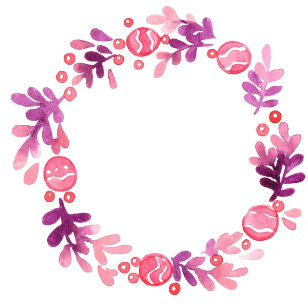紫色蕨类 圣诞舞会及红莓花环 浆果及水彩画装饰圣诞假期 — 图库照片