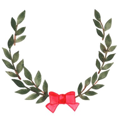 Eski yeşil yapraklar ve kırmızı fiyonk çelengi Noel etkinliğinde süsleme için suluboya çizimi.
