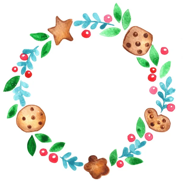 クリスマスのイベントの装飾のための葉やベリーリース水彩イラストとクリスマスクッキー — ストック写真