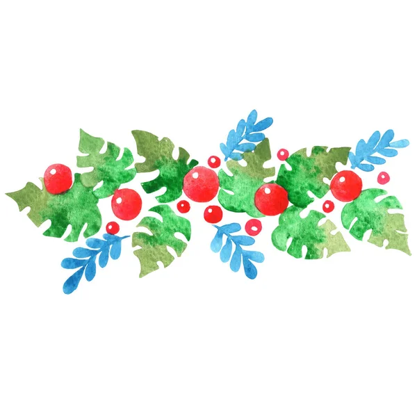 Monsterblätter Farn Und Weihnachtskugelrand Aquarell Zur Dekoration Den Weihnachtsfeiertagen — Stockfoto