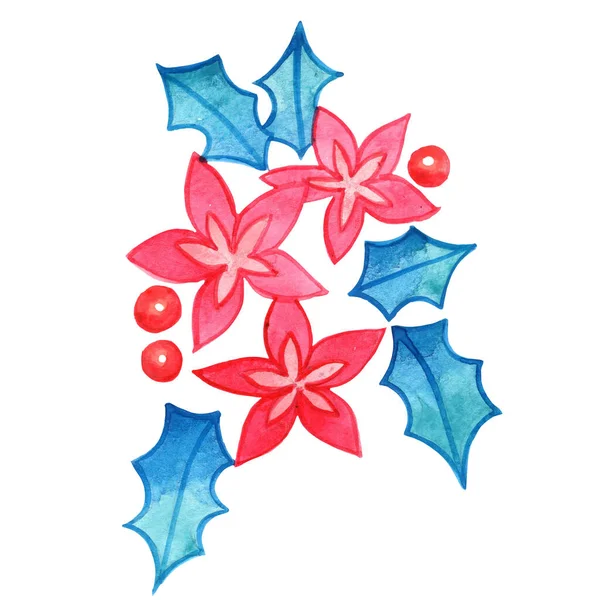 Boże Narodzenie Kwiat Jagoda Holly Liście Akwarela Ilustracja Dekoracji Boże — Zdjęcie stockowe