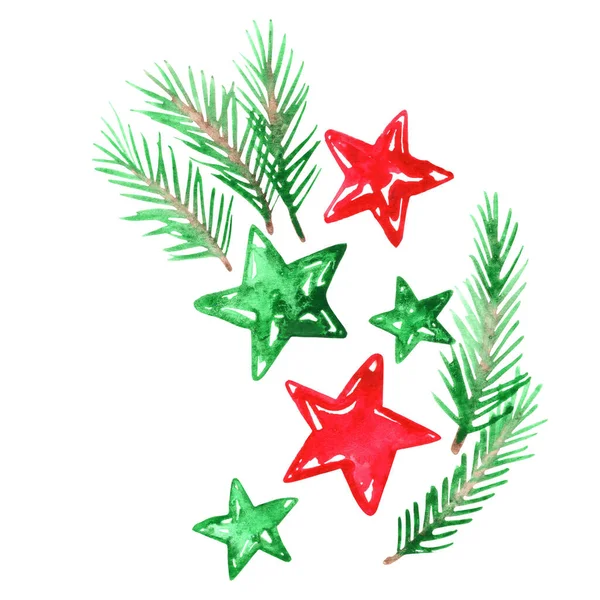 クリスマスイベントの装飾のための松の葉の水彩画のイラストを持つクリスマススター — ストック写真