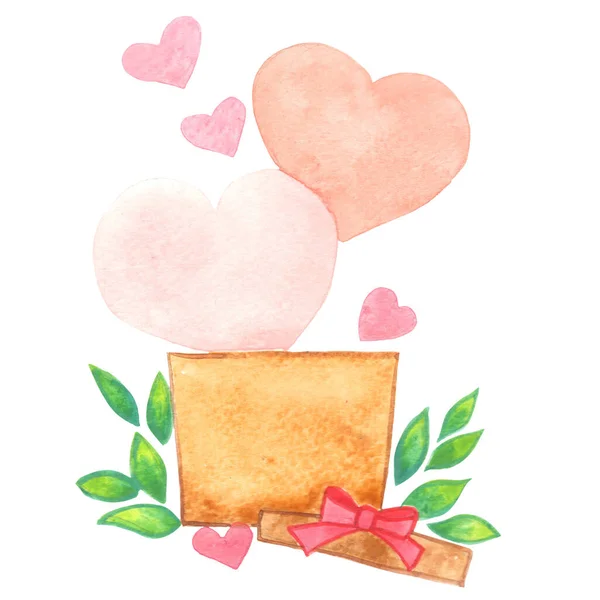 Brown Gift Box Heart Leaves Bow Watercolor Illustration Decoration Valentine — Stock Photo, Image