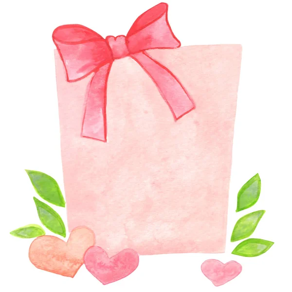 Caixa Presente Cor Rosa Com Coração Folhas Arco Aquarela Ilustração — Fotografia de Stock
