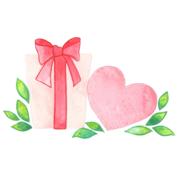 Pink Color Gift Box Heart Leaves Bow Watercolor Illustration Decoration — Stock Photo, Image