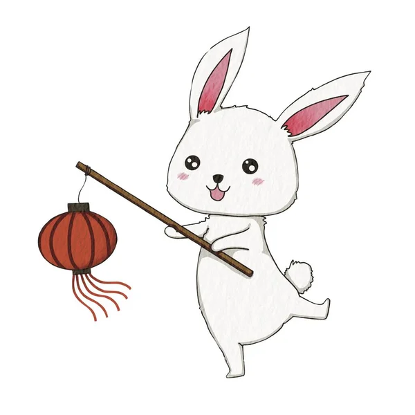 Kırmızı Fenerli Beyaz Tavşan Çizgi Film Karakteri Çizimi Tavşan Yılı — Stok fotoğraf