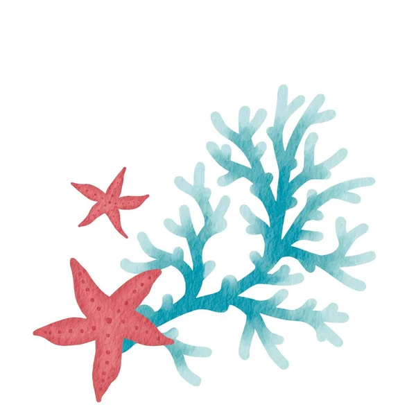 海洋生物の概念上の装飾のための青いサンゴとピンクのヒトデのイラスト — ストック写真