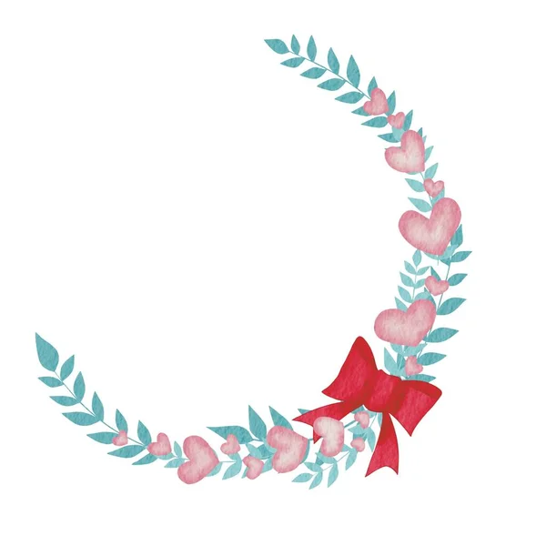 婚礼和情人节装饰用粉红的心 蕨叶和红色的弓形花环图案 — 图库照片