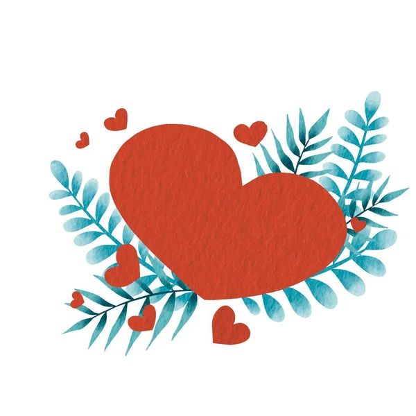 Corazón Rojo Con Ilustración Ramo Helecho Para Decoración Boda Día —  Fotos de Stock